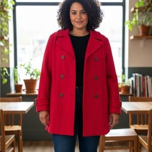 Lands' End Women's Vibrant Red Pea Coat Wool Cashmere Blend Size 26W